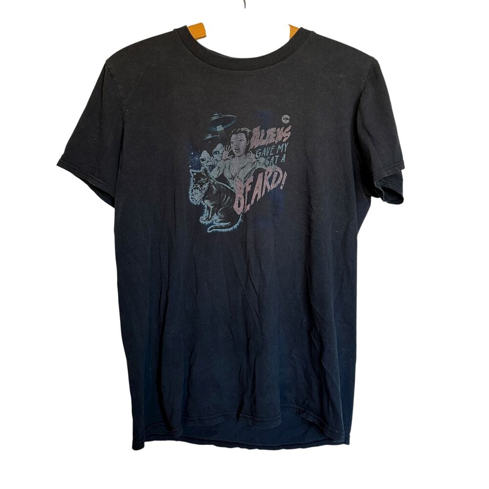 Vintage Inspired Aliens Gave My Cat A Beard T-Shirt Black Cat Sci-Fi Graphic Tee